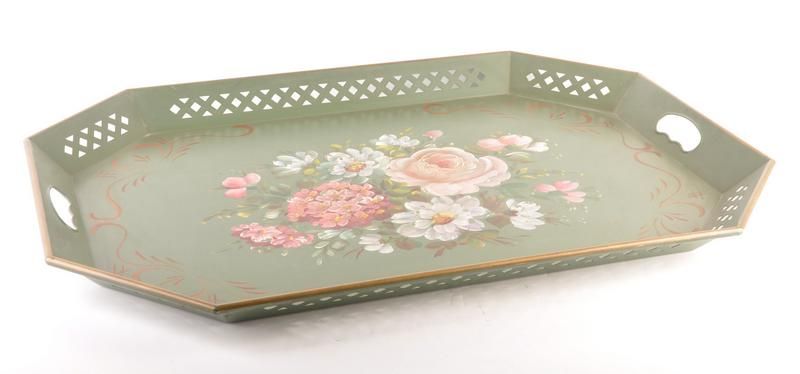 Vintage 1950s Floral Handpainted Large Tole Tray Signed  