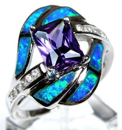   cut Amethyst and Blue Fire Opal Inlay 925 Sterling Silver Ring  