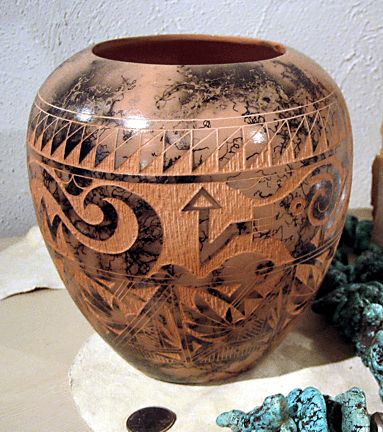 Navajo Sgraffitto Horsehair Fired Ceramic Vase  