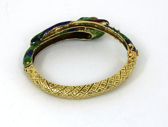 INTRICATE VINTAGE 14K GOLD ENAMEL SNAKE BANGLE BRACELET  