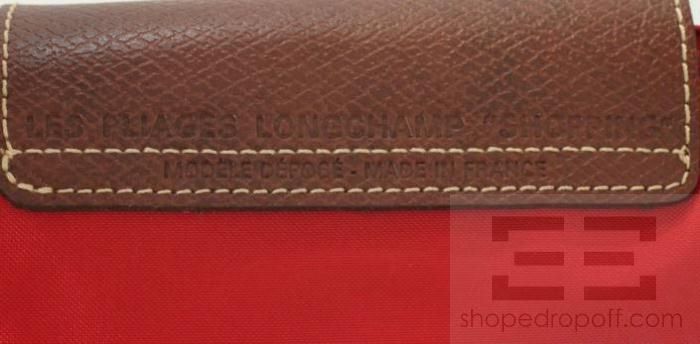 Longchamp Red Nylon & Brown Leather Les Pliages Medium Shopping Tote 