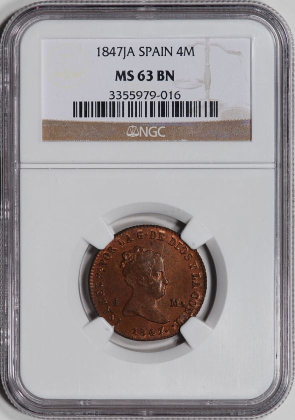 1847 Spain 4 Maravedis   NGC MS63 BN  