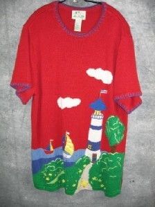 QUACKER FACTORY Red Embroid LIGHTHOUSE Tunic LRG XL VGC  