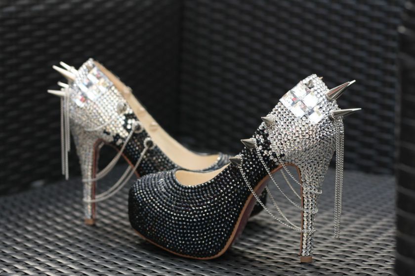 NEW BLACK & SILVER SWAROVSKI CRYSTAL WOMENS HIGH HEELS SILVER SPIKES 