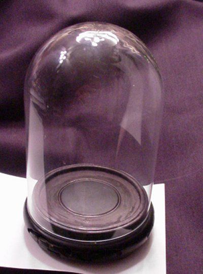 HAND BLOWN GLASS DISPLAY DOME WITH ORIENTAL CARVED BASE  