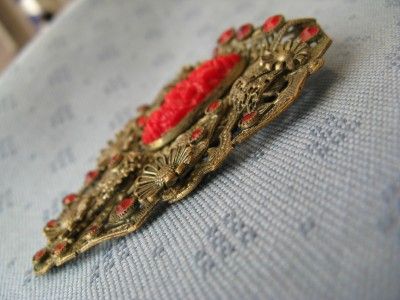 VINTAGE JEWELLERY LARGE FILIGREE DRESS CLIP RUBY RED RHINESTONES 1920s 