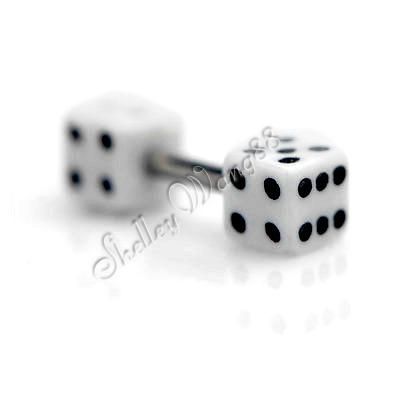   Earring Ear Stud Stainless Steel Fake Plug Dice Symbol 4mm cubic White