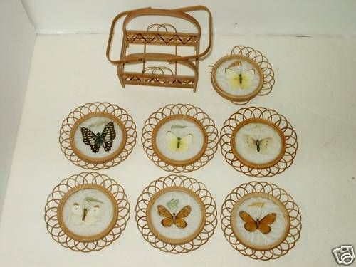 VINTAGE Wicker Lace 7 Butterfly Coaster Set w/ Holder  