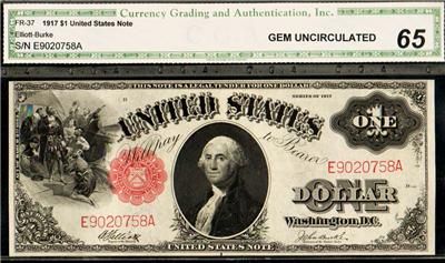 Consecutive CGA Graded Gem 65, Fr#37 1917 $1 Legal Tender Key 