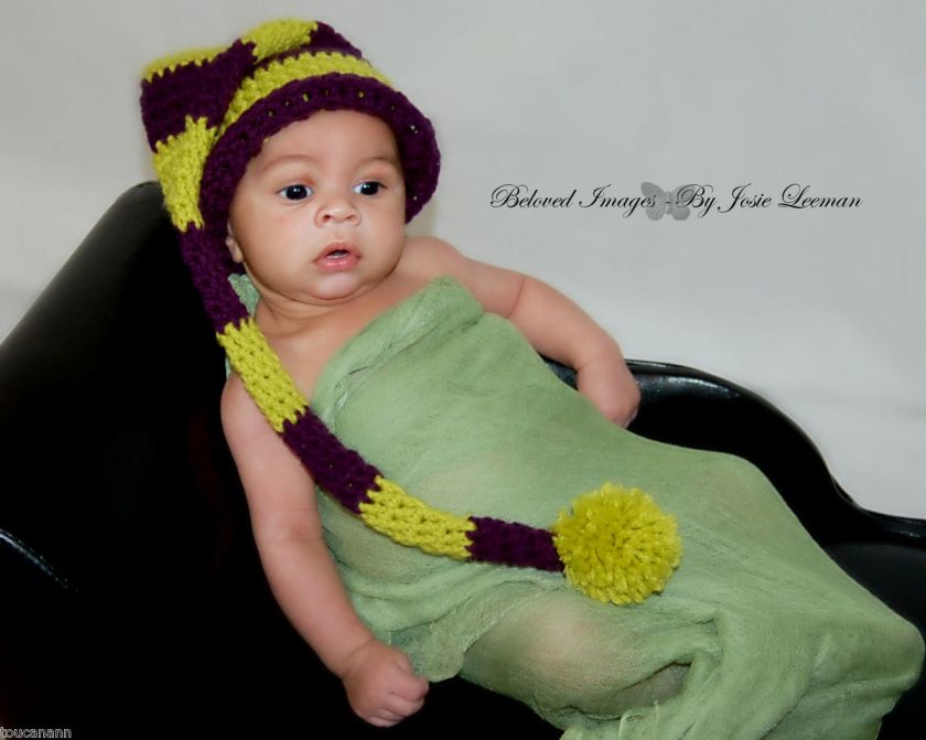 CROCHET BABY PURPLE AND GREEN LONG TAIL ELF HAT  