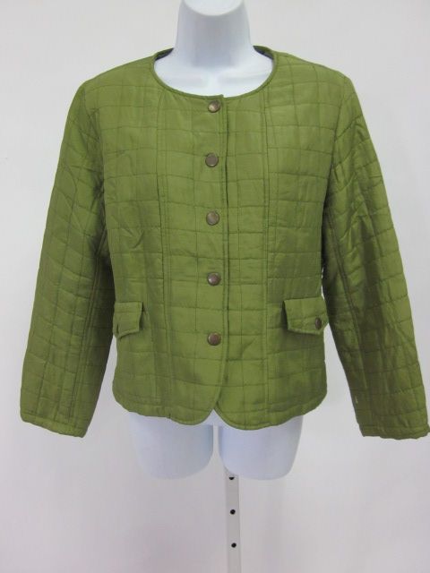 SILK LAND Green Quilted Button Snap Silk Jacket Coat M  