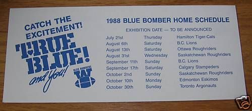 1988 CFL Winnipeg Blue Bombers Home Schedule  