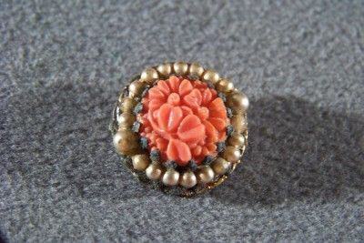 WOW ANTIQUE FAUX PEARL CARVED CORAL ROUND PIN BROOCH  