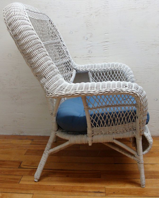 White Wicker Arm Chair with Blue Cushion Cottage Chic  