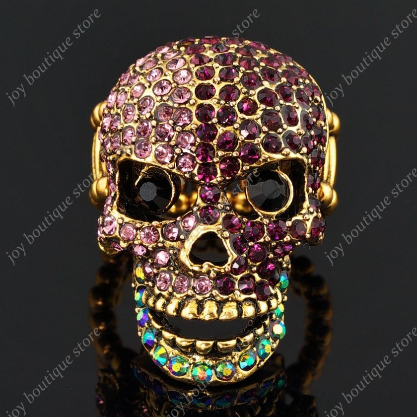 Purple rhinestone halloween skull Sz free stretchy ring  