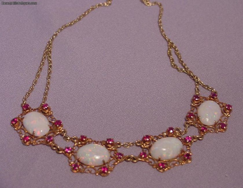 Beautiful 14k Opals Rubies Antique Designer Necklace  