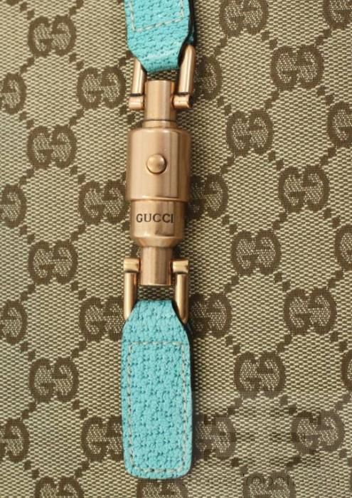   Brown Monogram Canvas & Teal Leather Trim Piston Lock Handbag  