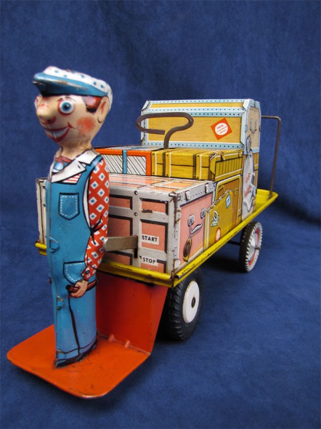 1930s Unique Art Finnegan Wind Up Baggage Cart Tin Toy  