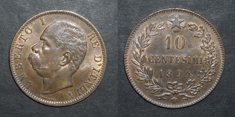 ITALY 10 CENTESIMI 1894B/I KM#27.1 UNC BU  