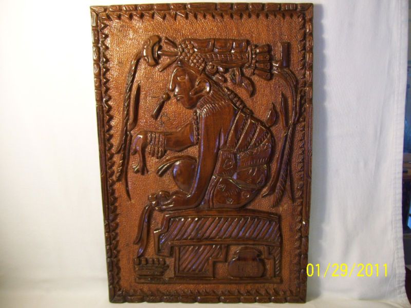 VINTAGE WOOD CARVING IMPRESSIVE MAYA AZTEC PICTURE NICE  