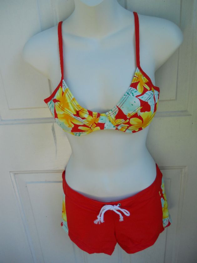   NOSS Red Green Tropic Floral Underwire Bra Top & Boyshorts Bikini L LG