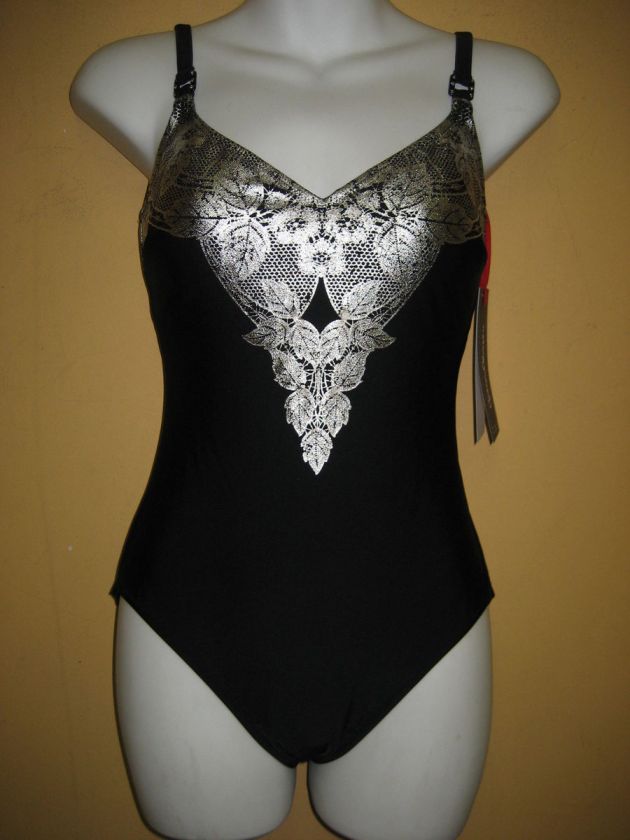 NWT GOTTEX GIDEON OBERSON TRENDY BLACK & SILVER SWIMSUIT SZ  8  