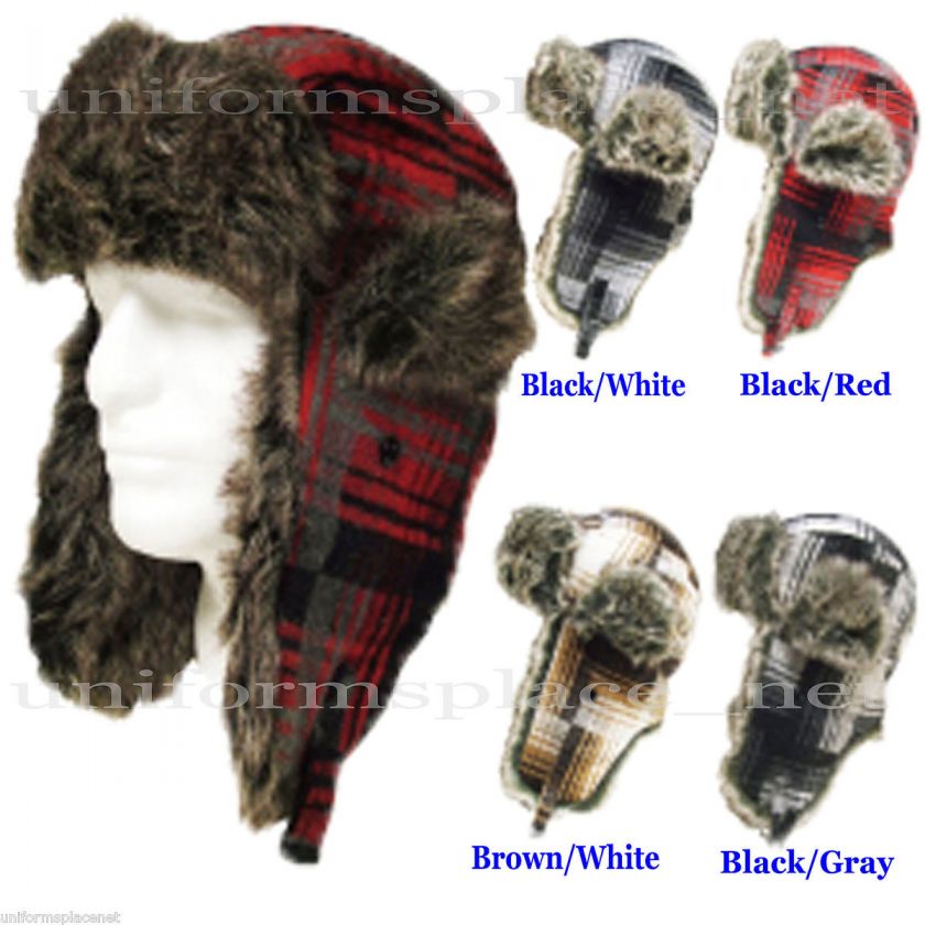 Hat Earflap Russian Trooper TRAPPER Plaid Faux Fur Hat 608 SKI BEANIE 