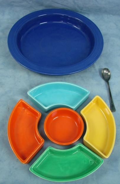   Serving Relish Tray Plate Dip Dish Blue Orange Green Yellow  