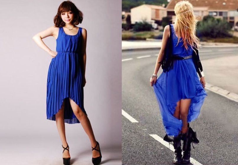 New Fashion Women Sleeveness Chiffon Blue Pleated Dress  