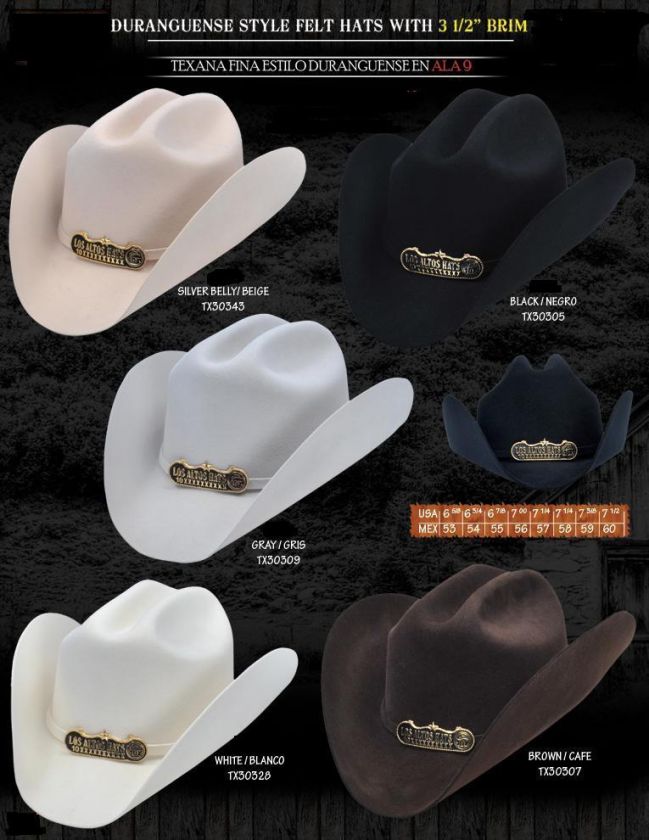 DURANGUENSE STYLE WESTERN COWBOY FELT HAT 6X 3 1/2BRIM  