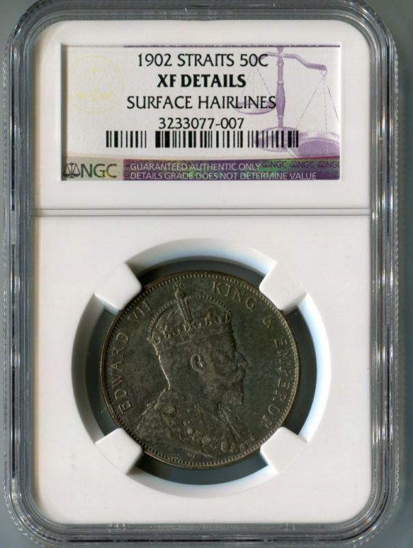 1902 STRAITS SETTLEMENT 50C NGC XF  