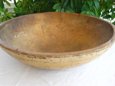   EARLY RIMMED FARMHOUSE DOUGH BOWL IN OLD CREAM BUTTERMILK PAINT  