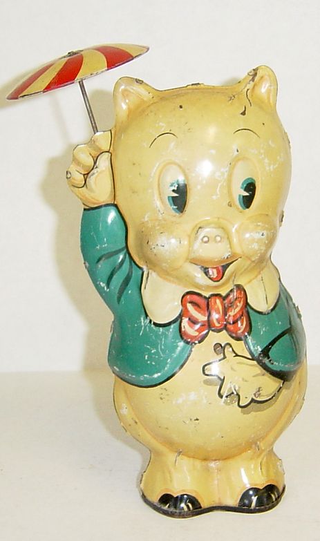 Antique Marx Toy Tin Wind Up Porky Pig w/ Umbrella 1939  