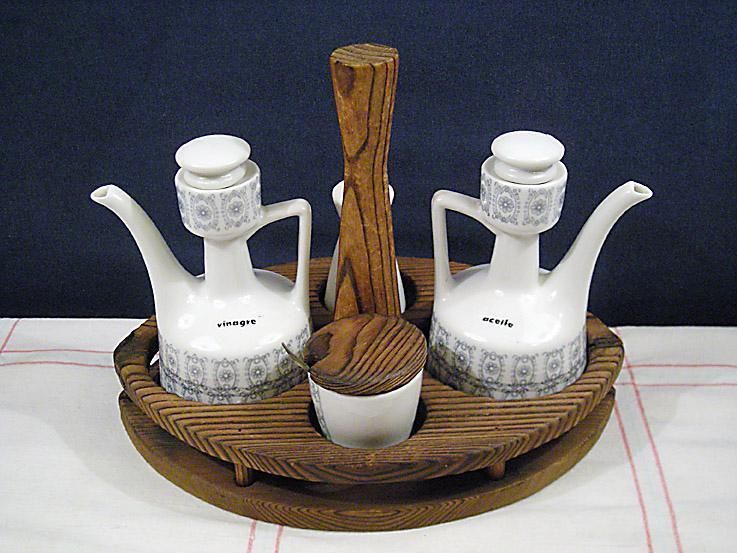 Vintage Blue White Ceramic Oil Vinegar Cruet Set Stand  