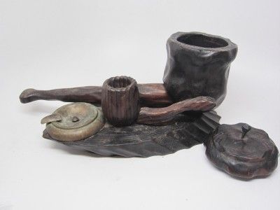 Estate vintage JUMBO Pipe Tobacco WOOD Match holder Copper Ashtray 