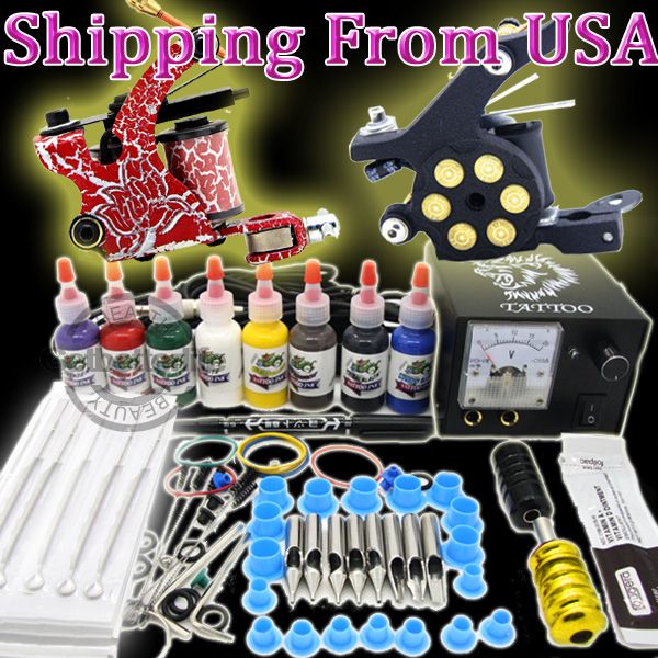 Beginner Tattoo Kit 2 Machine Gun Power 8 Ink Pigment Tip Needle Grip 