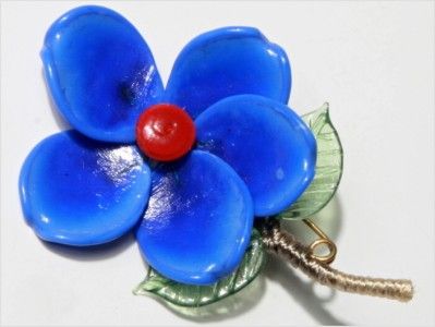 ANTIQUE VINTAGE CZECH BLUE GLASS FLORAL BOUQUET BROOCH PIN  