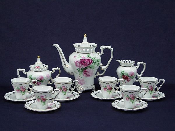 Espresso Coffee Tea Set for 6 with golden floral design and heart 