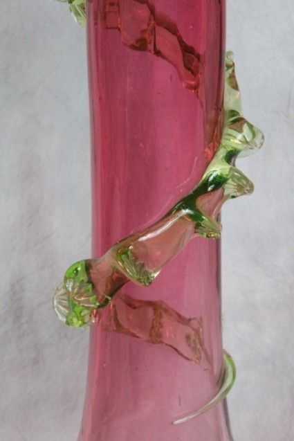   1910 BOHEMIAN HD BLOWN CRANBERRY TREE TRUNK VASE VASELINE TRAIL  