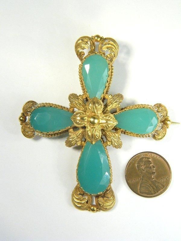 ANTIQUE PINCHBECK CHALCEDONY CROSS PIN BROOCH c1830  