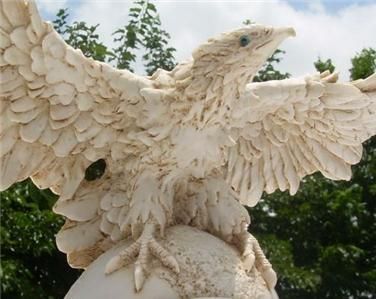 Lg ART FIGURINE BONE & RESIN EAGLE PERCHED ON WORLD STATUE  