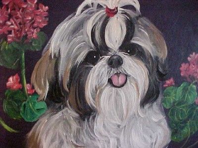 SHIH TZU & GERANIUMS HANDPAINTED PURSE TOTE HANDBAG  