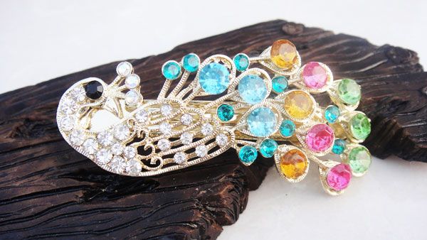 Womens Swarovski Crystal Peacock GP Hair Clip Claw barrette Accessory