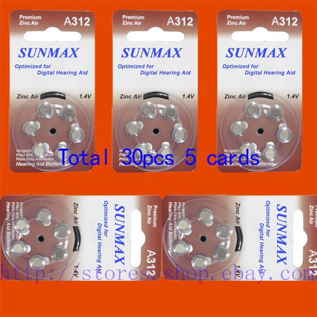 30PCS SUNMAX A312 1.4V,HEARING AID BATTERIES FREESHIP by air mail