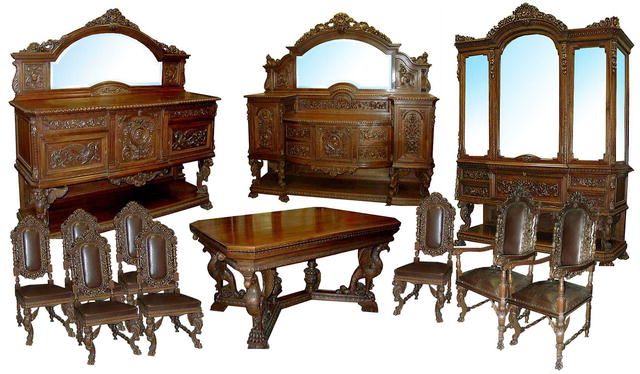 12 Piece Italian Dining Set in Figural Carved Walnut  