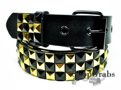 NEW Spikes Pyramid Belt 3 Row Punk Rocker Metallic Black Gold Checker 