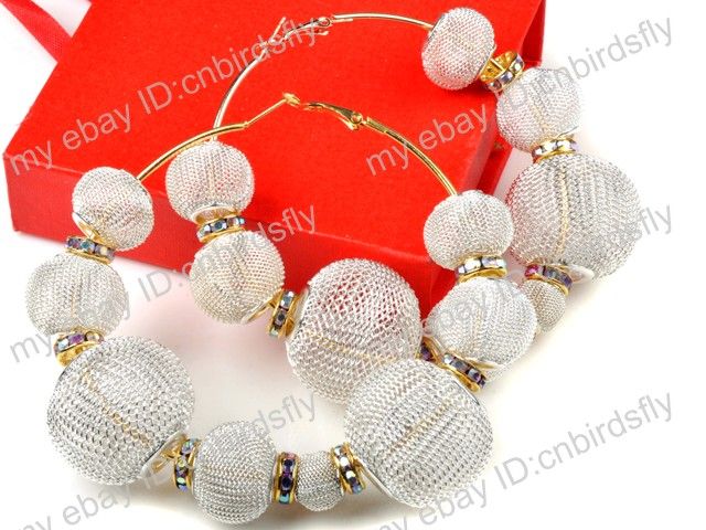 Basketball Wives Inspired Mesh Rhinestone Beads Spacer Hoops Earrings 