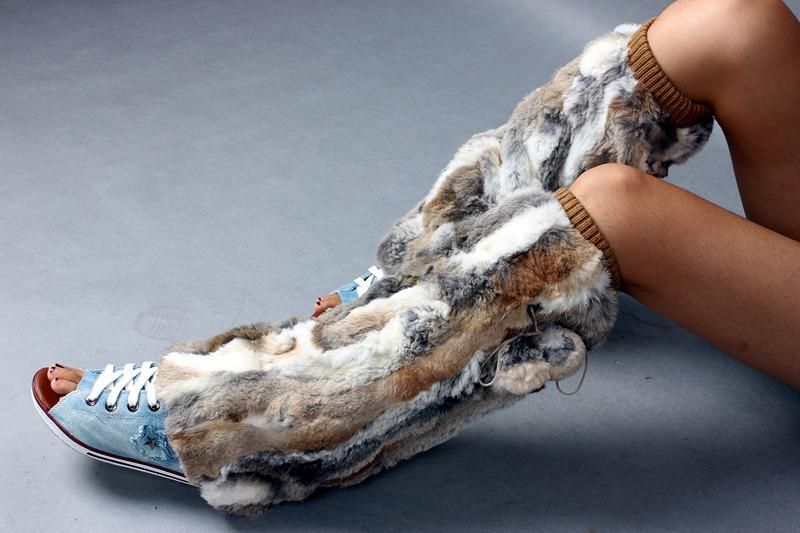 Real Rabbit Fur Leg winter Warmers womens leggings short/middle long 