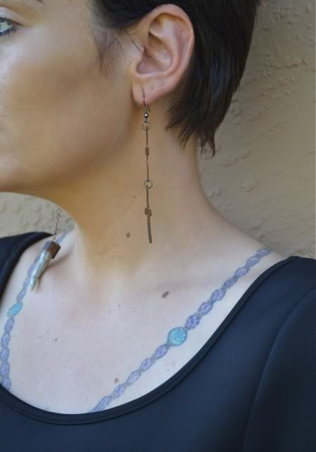   Voodoo/Tribal Crucifix Skull Earrings w Hanging Deer Horn Charm  