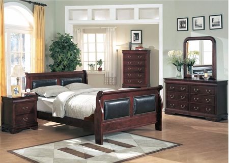   Philippe Cherry King Leather Sleigh Bedroom Set w/ Hidden Drawers